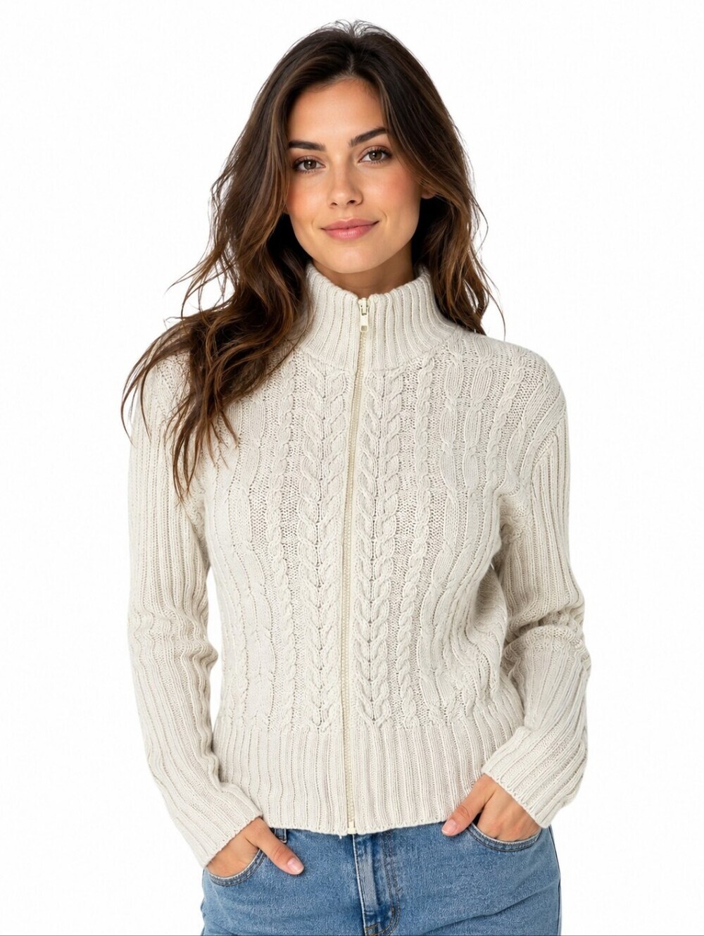 Vintage Erik Spencer Ivory Cable Knit Zip Cardigan Mock Neck Sweater Women's L